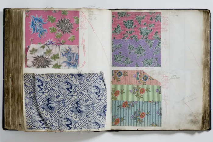 Framed Print : Pages from a book of textile samples, annotated by hand with Framed Print : Pages from a book of textile samples, annotated by hand with