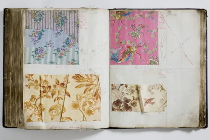 Framed Print : Pages from a book of textile samples, annotated by hand with Framed Print : Pages from a book of textile samples, annotated by hand with