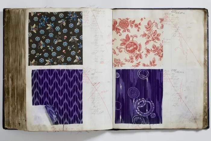 Framed Print : Pages from a book of textile samples, annotated by hand with Framed Print : Pages from a book of textile samples, annotated by hand with