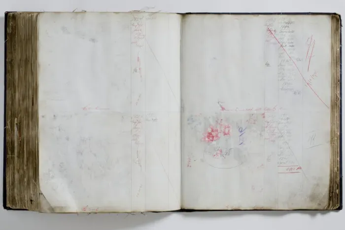 Framed Print : Pages from a book of textile samples, annotated by hand with Framed Print : Pages from a book of textile samples, annotated by hand with