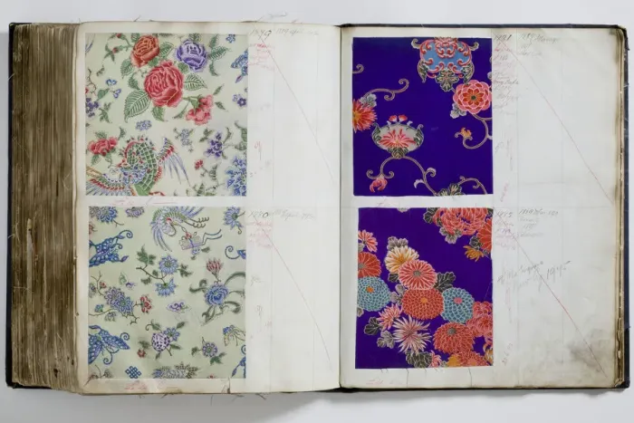 Framed Print : Pages from a book of textile samples, annotated by hand with Framed Print : Pages from a book of textile samples, annotated by hand with