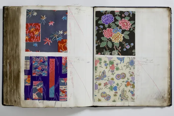 Framed Print : Pages from a book of textile samples, annotated by hand with Framed Print : Pages from a book of textile samples, annotated by hand with