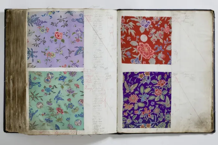 Framed Print : Pages from a book of textile samples, annotated by hand with Framed Print : Pages from a book of textile samples, annotated by hand with