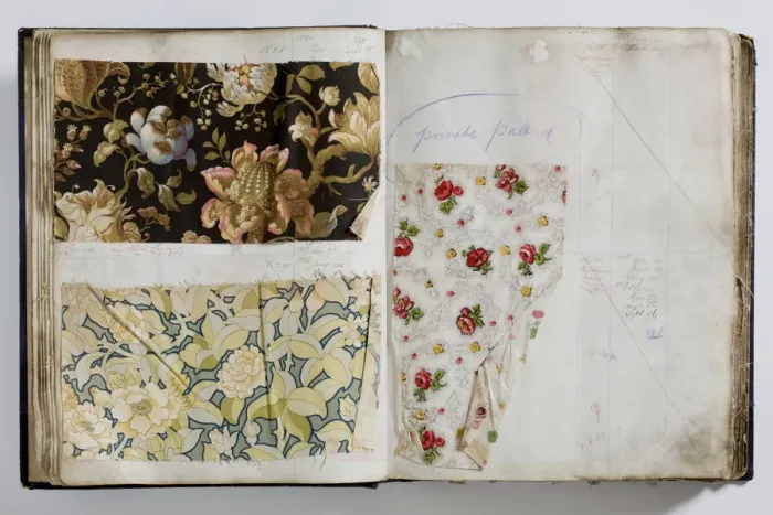 Framed Print : Pages from a book of textile samples, annotated by hand with Framed Print : Pages from a book of textile samples, annotated by hand with