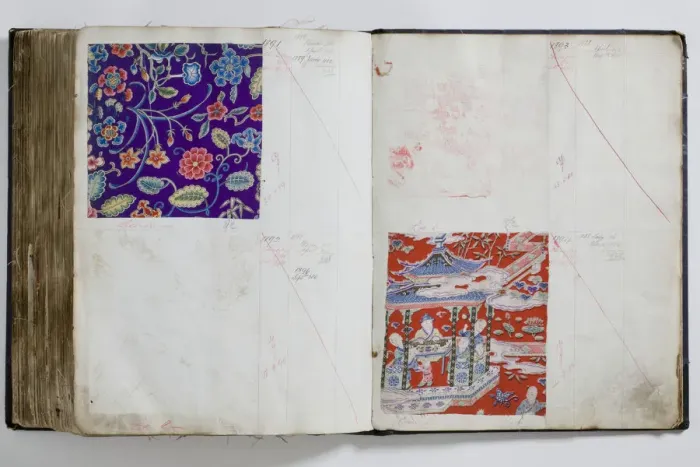 Framed Print : Pages from a book of textile samples, annotated by hand with Framed Print : Pages from a book of textile samples, annotated by hand with