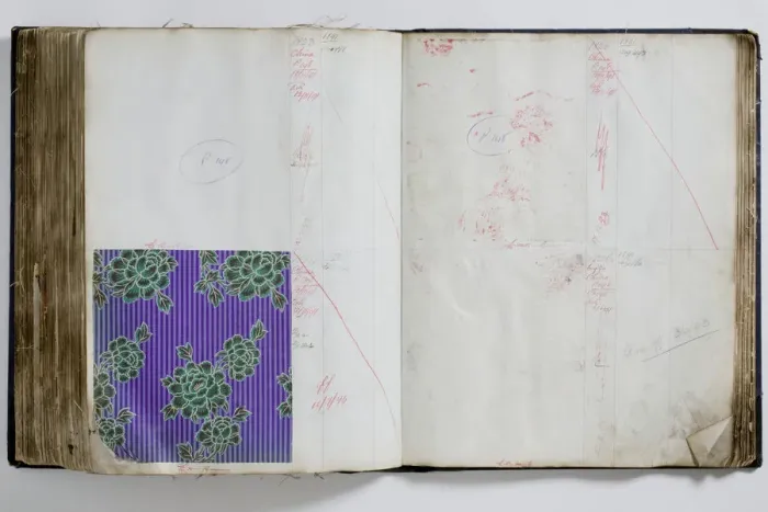 Framed Print : Pages from a book of textile samples, annotated by hand with Framed Print : Pages from a book of textile samples, annotated by hand with
