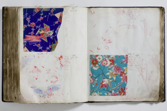Framed Print : Pages from a book of textile samples, annotated by hand with Framed Print : Pages from a book of textile samples, annotated by hand with