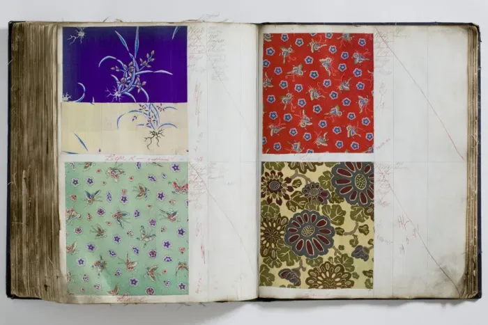 Framed Print : Pages from a book of textile samples, annotated by hand with Framed Print : Pages from a book of textile samples, annotated by hand with