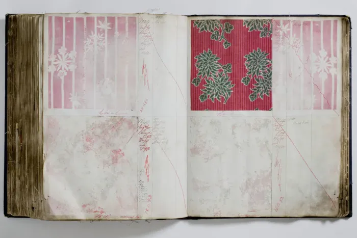 Framed Print : Pages from a book of textile samples, annotated by hand with Framed Print : Pages from a book of textile samples, annotated by hand with