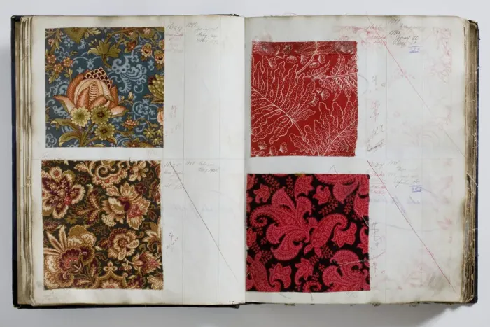 Framed Print : Pages from a book of textile samples, annotated by hand with Framed Print : Pages from a book of textile samples, annotated by hand with