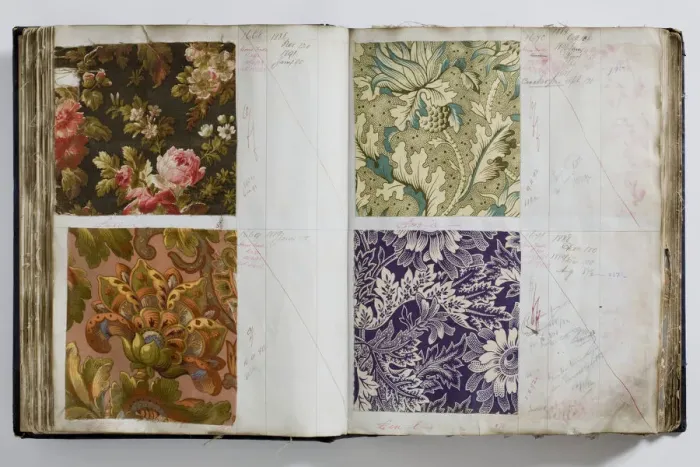 Framed Print : Pages from a book of textile samples, annotated by hand with Framed Print : Pages from a book of textile samples, annotated by hand with