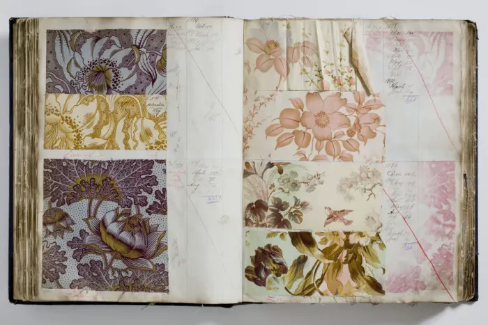 Framed Print : Pages from a book of textile samples, annotated by hand with Framed Print : Pages from a book of textile samples, annotated by hand with