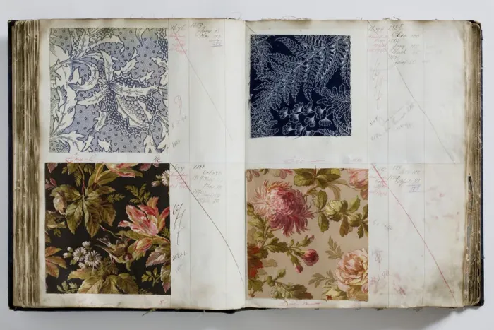 Framed Print : Pages from a book of textile samples, annotated by hand with Framed Print : Pages from a book of textile samples, annotated by hand with