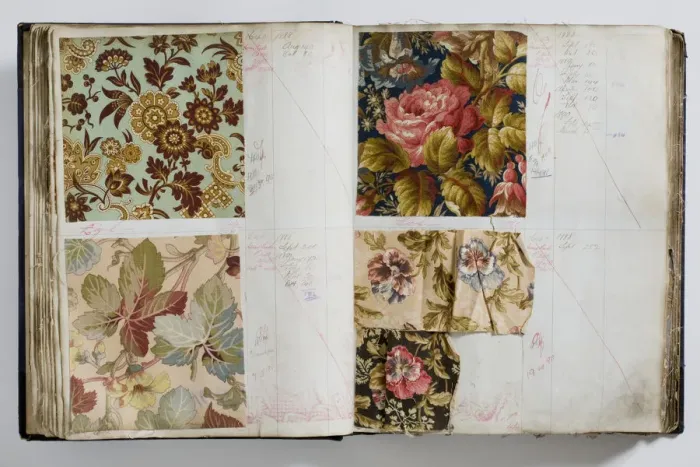 Framed Print : Pages from a book of textile samples, annotated by hand with Framed Print : Pages from a book of textile samples, annotated by hand with