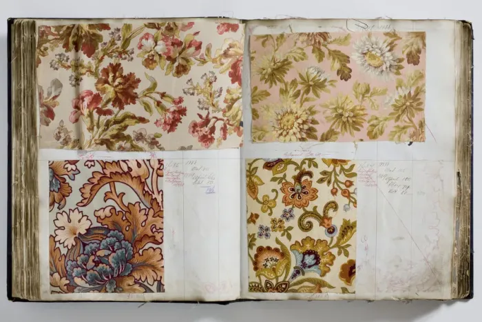 Framed Print : Pages from a book of textile samples, annotated by hand with Framed Print : Pages from a book of textile samples, annotated by hand with