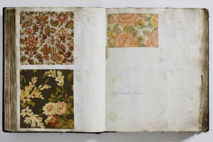 Framed Print : Pages from a book of textile samples, annotated by hand with Framed Print : Pages from a book of textile samples, annotated by hand with