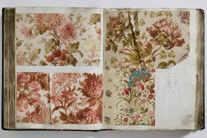 Framed Print : Pages from a book of textile samples, annotated by hand with Framed Print : Pages from a book of textile samples, annotated by hand with