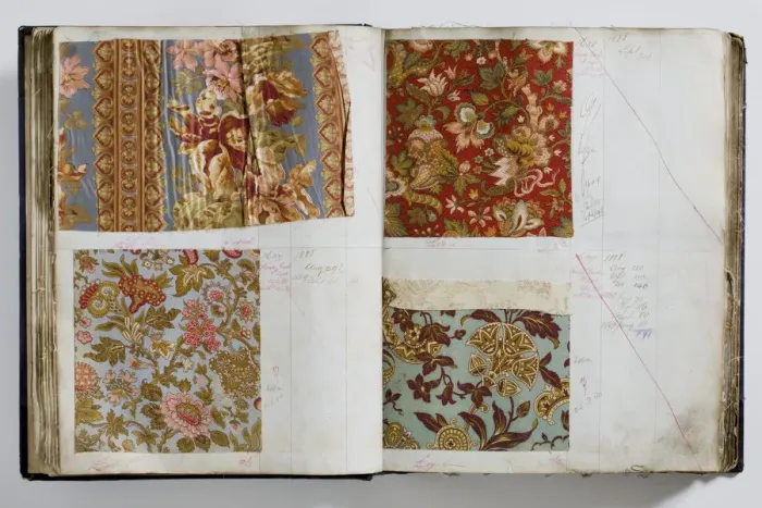 Framed Print : Pages from a book of textile samples, annotated by hand with Framed Print : Pages from a book of textile samples, annotated by hand with