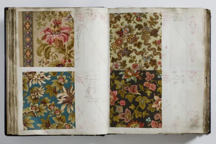 Framed Print : Pages from a book of textile samples, annotated by hand with Framed Print : Pages from a book of textile samples, annotated by hand with