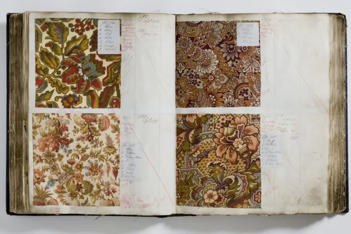 Framed Print : Pages from a book of textile samples, annotated by hand with Framed Print : Pages from a book of textile samples, annotated by hand with