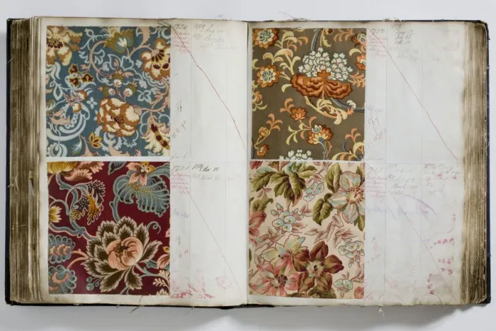 Framed Print : Pages from a book of textile samples, annotated by hand with Framed Print : Pages from a book of textile samples, annotated by hand with