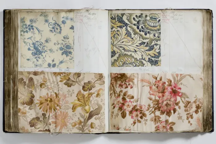 Framed Print : Pages from a book of textile samples, annotated by hand with Framed Print : Pages from a book of textile samples, annotated by hand with