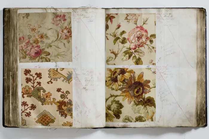 Framed Print : Pages from a book of textile samples, annotated by hand with Framed Print : Pages from a book of textile samples, annotated by hand with