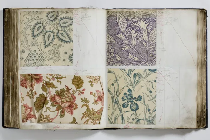 Framed Print : Pages from a book of textile samples, annotated by hand with Framed Print : Pages from a book of textile samples, annotated by hand with