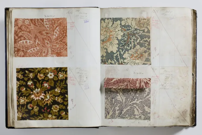 Framed Print : Pages from a book of textile samples, annotated by hand with Framed Print : Pages from a book of textile samples, annotated by hand with
