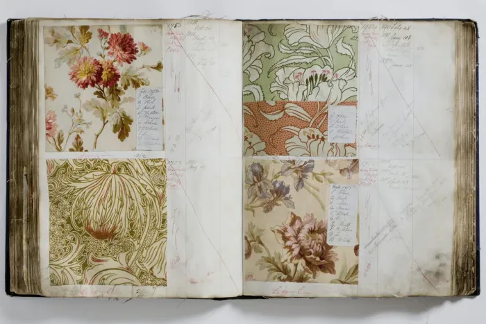 Framed Print : Pages from a book of textile samples, annotated by hand with Framed Print : Pages from a book of textile samples, annotated by hand with