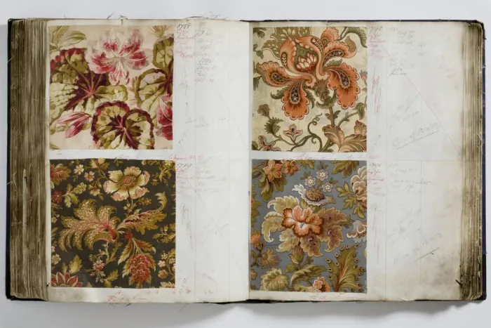 Framed Print : Pages from a book of textile samples, annotated by hand with Framed Print : Pages from a book of textile samples, annotated by hand with