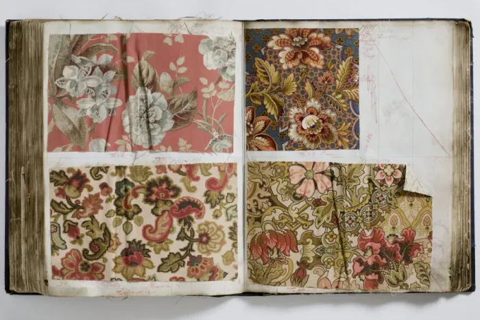 Framed Print : Pages from a book of textile samples, annotated by hand with Framed Print : Pages from a book of textile samples, annotated by hand with