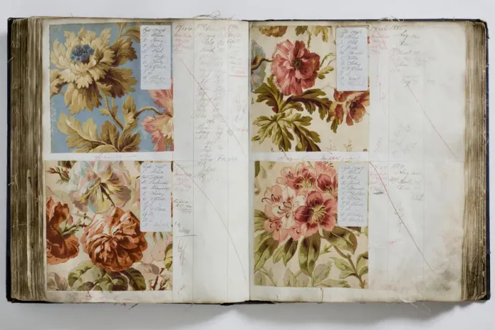 Framed Print : Pages from a book of textile samples, annotated by hand with Framed Print : Pages from a book of textile samples, annotated by hand with
