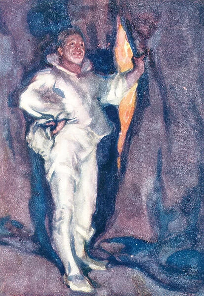 Pagliacci. A portrait painting of an actor, wearing a white costume in