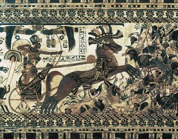 Framed Print : Painted chest depicting a king on his chariot Framed Print : Painted chest depicting a king on his chariot