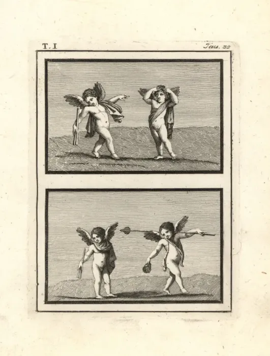 Framed Print : Painting of cupids or genii playing discovered Framed Print : Painting of cupids or genii playing discovered