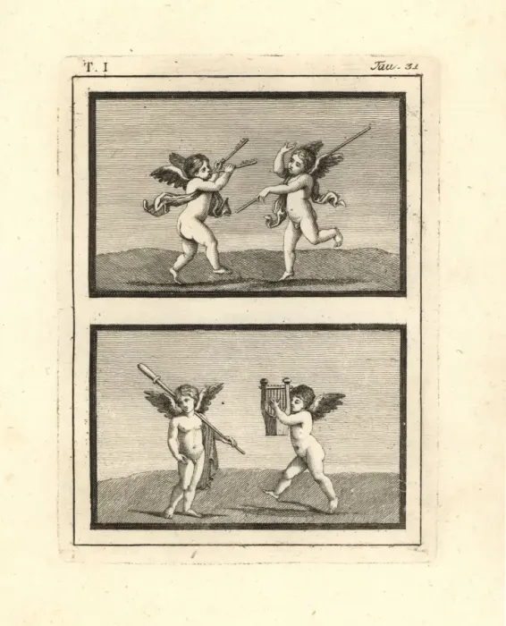 Framed Print : Painting of cupids or genii playing discovered Framed Print : Painting of cupids or genii playing discovered