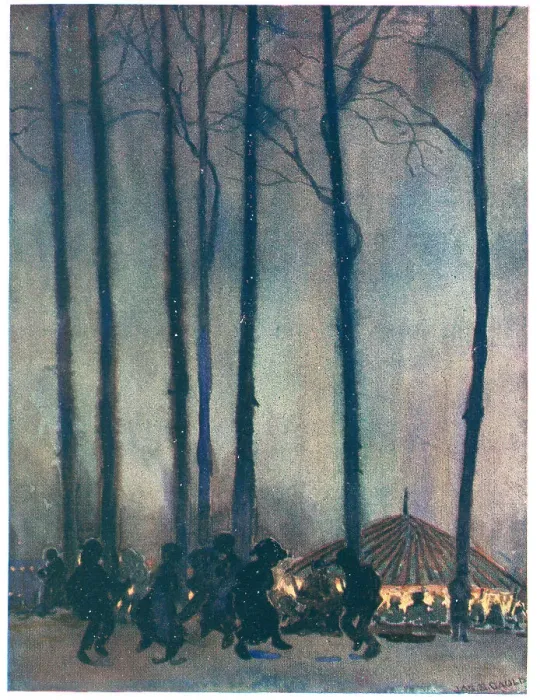 Framed Print : Joy. A painting of some dark, dancing figures in the foreground woodland clearing Framed Print : Joy. A painting of some dark, dancing figures in the foreground woodland clearing