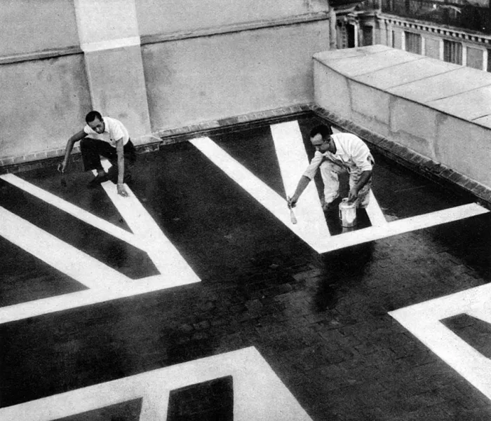 Framed Print : Painting the Embassy roof with a Union Flag, Madrid; Spanish Framed Print : Painting the Embassy roof with a Union Flag, Madrid; Spanish