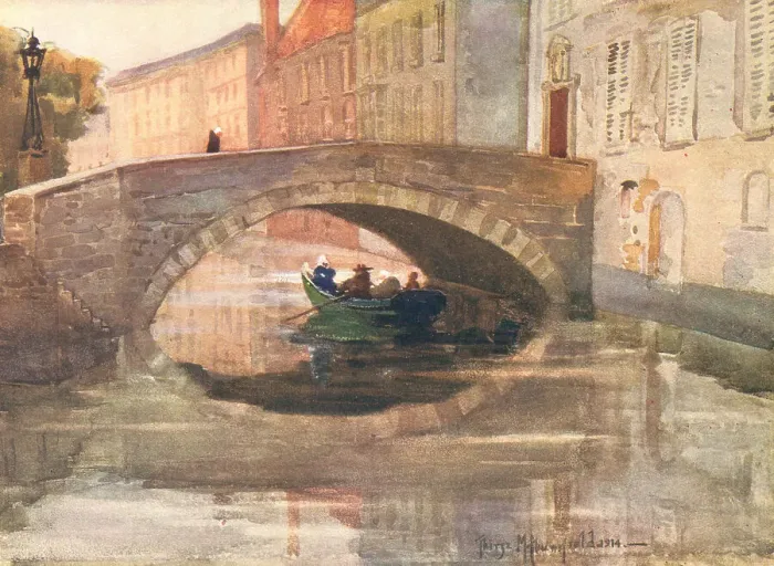 Framed Print : Grey. A painting of four figures inside a small green row boat Framed Print : Grey. A painting of four figures inside a small green row boat