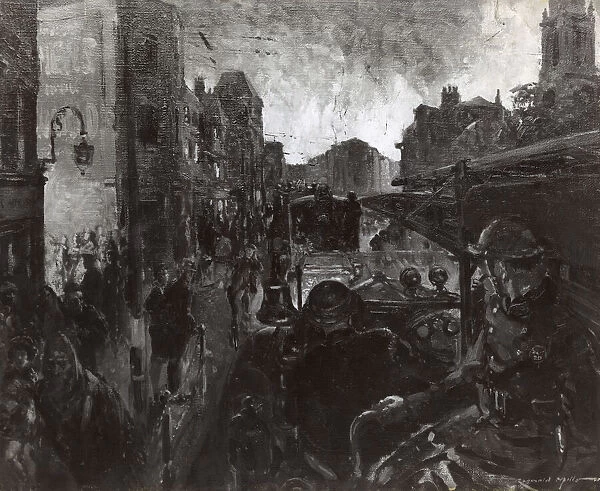 Painting, firefighters on vehicles in a street
