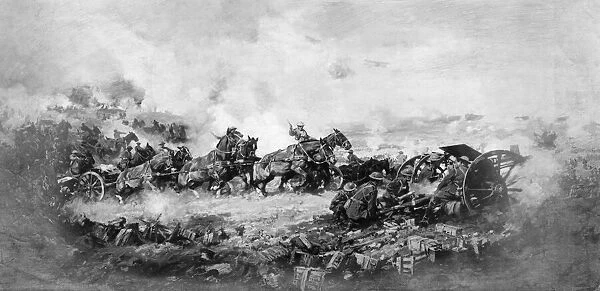 Painting by Hs Power, artillery and horses at Ypres, WW1
