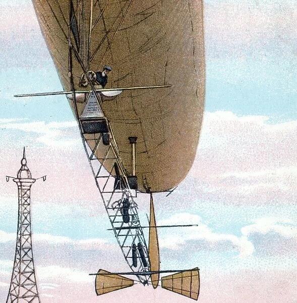Painting of Santos-Dumont Airship No6 rounding Eiffel Tower