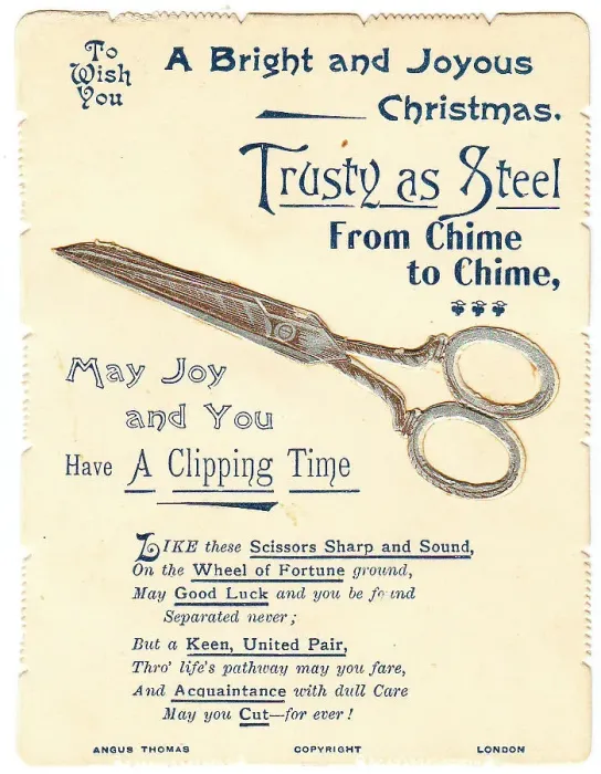Framed Print : Pair of scissors with comic verse on a Christmas card