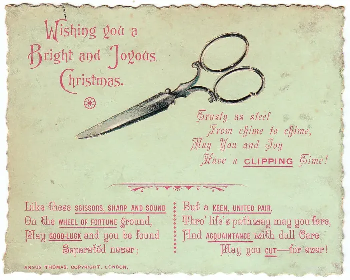 Framed Print : Pair of scissors with comic verse on a Christmas card Framed Print : Pair of scissors with comic verse on a Christmas card