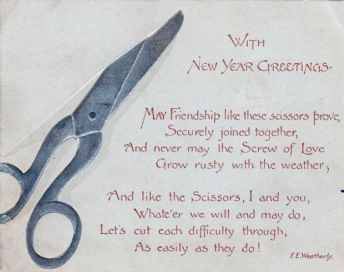 Framed Print : Pair of scissors with comic verse on a New Year card Framed Print : Pair of scissors with comic verse on a New Year card