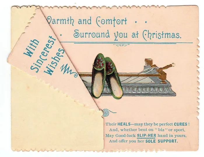 Framed Print : Pair of slippers with comic verse on a Christmas card Framed Print : Pair of slippers with comic verse on a Christmas card