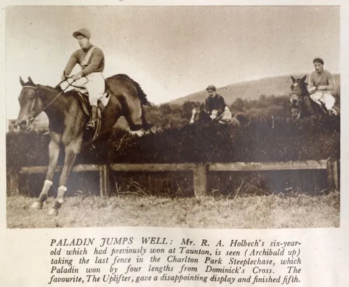 Framed Print : Paladin, belonging to Mr. R. Holbech, seen clearing the last fence in the Charlton Park Framed Print : Paladin, belonging to Mr. R. Holbech, seen clearing the last fence in the Charlton Park