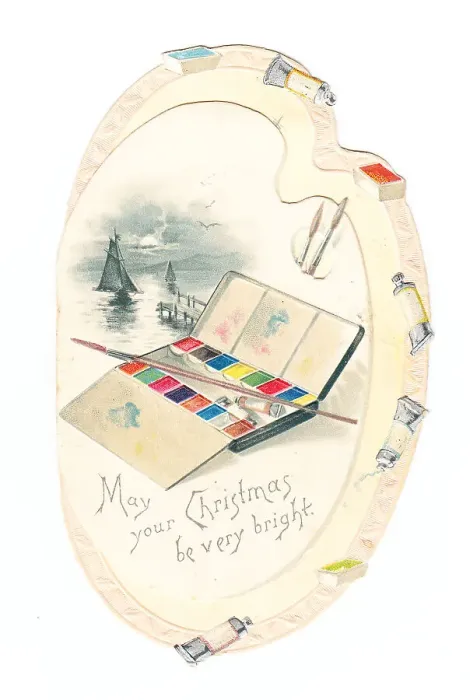 Framed Print : Palette-shaped Christmas card with an open paintbox Framed Print : Palette-shaped Christmas card with an open paintbox