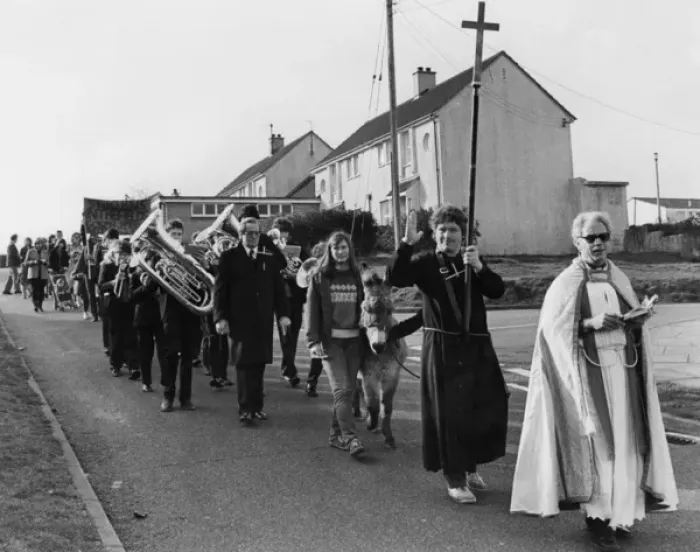 Framed Print : Palm Sunday parade with donkey, St Ives, Cornwall Framed Print : Palm Sunday parade with donkey, St Ives, Cornwall